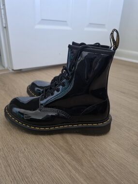 Dr. Martens Kids Black Patent Lace-Up Boots with Yellow Stitching